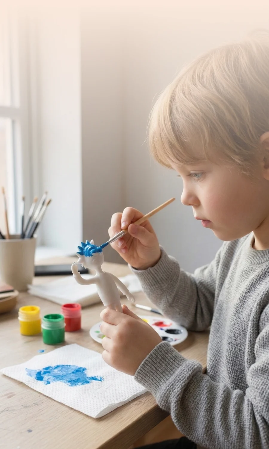 A young artist carefully painting their own white figure