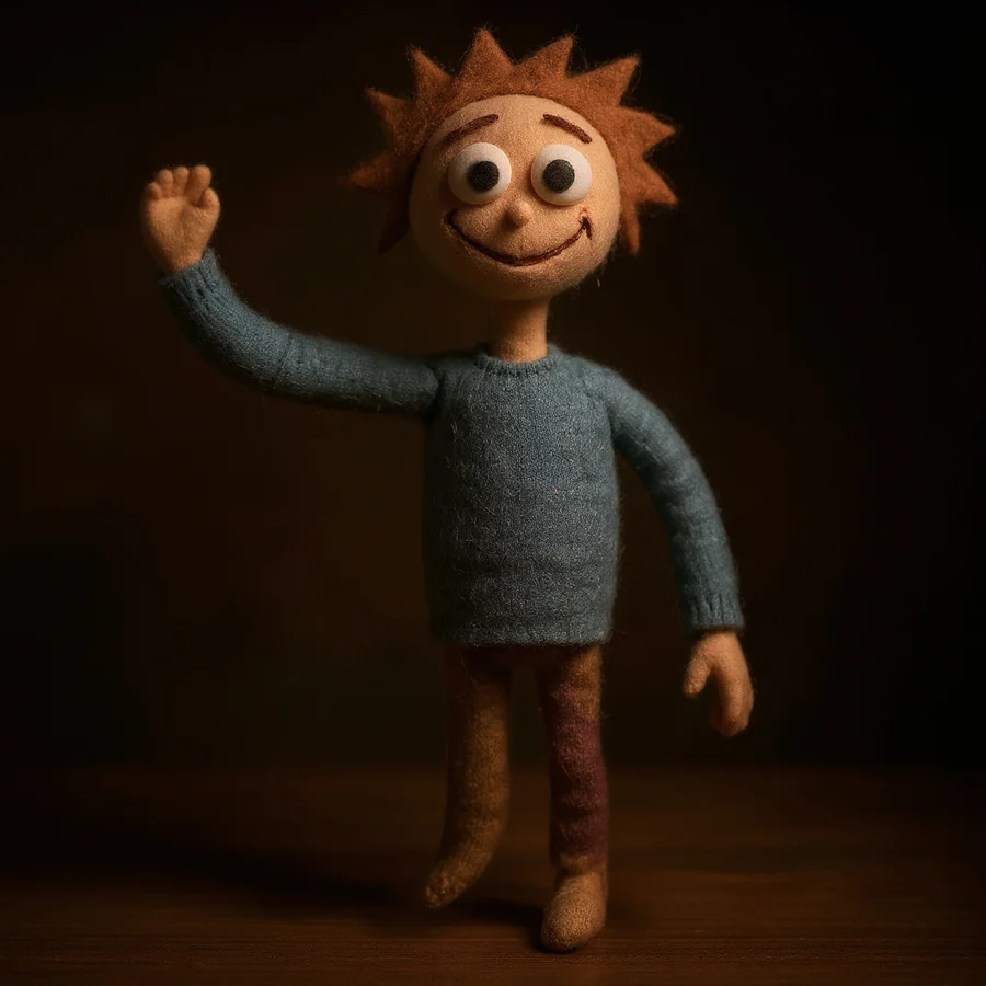 A handcrafted felt stop-motion puppet of a waving boy