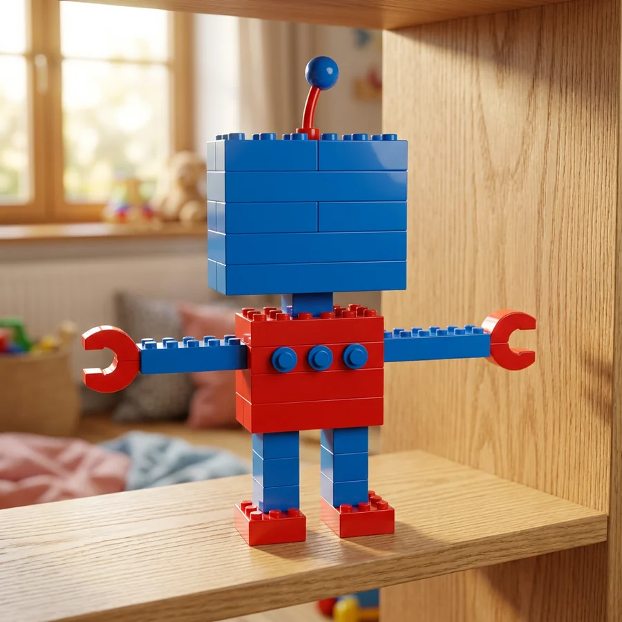 A robot built from colorful toy bricks