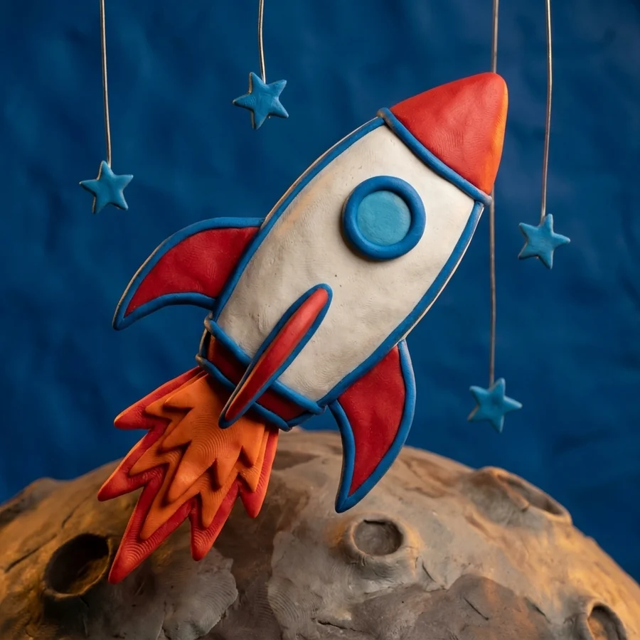 A claymation rocket flying over a clay moon