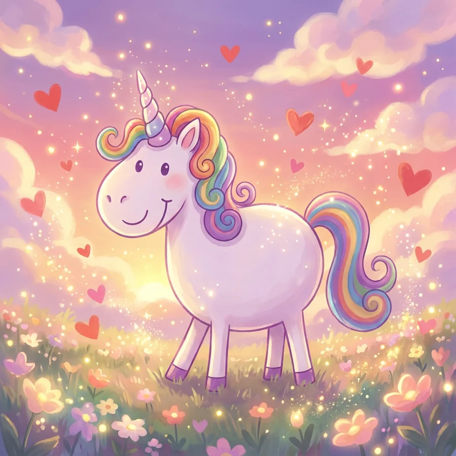 A dreamy anime unicorn in a pastel meadow